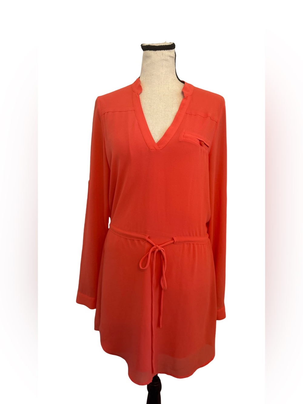 Bacio Naked Zebra Coral Shift Dress Small V Neck Tie Waist Roll Tab Sleeves